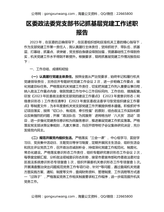 区委政法委党支部书记抓基层党建工作述职报告