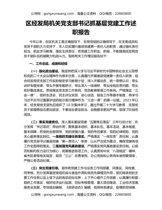 区经发局机关党支部书记抓基层党建工作述职报告