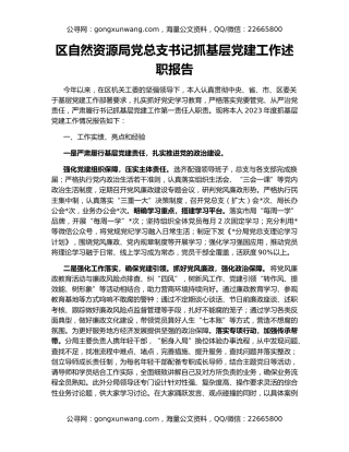 区自然资源局党总支书记抓基层党建工作述职报告