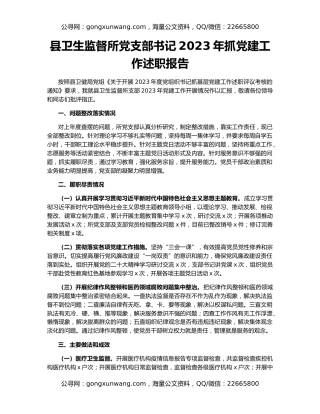 县卫生监督所党支部书记2023年抓党建工作述职报告