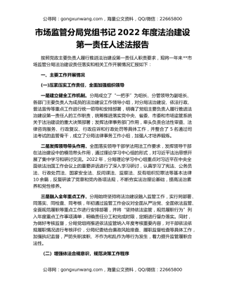 市场监管分局党组书记2022年度法治建设第一责任人述法报告