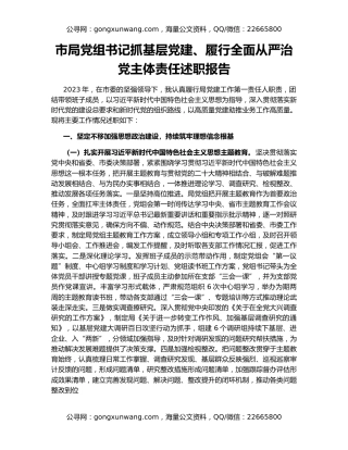 市局党组书记抓基层党建、履行全面从严治党主体责任述职报告