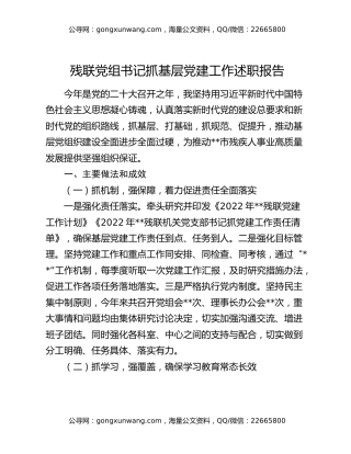 残联党组书记抓基层党建工作述职报告