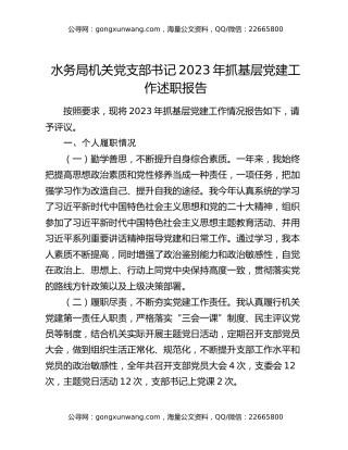 水务局机关党支部书记2023年抓基层党建工作述职报告