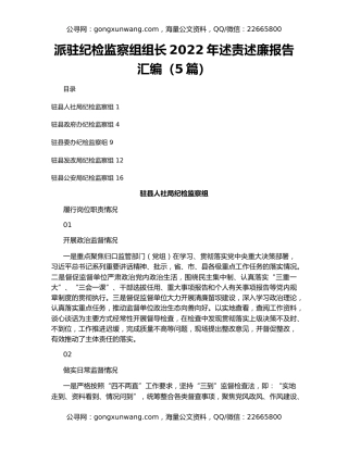 派驻纪检监察组组长2022年述责述廉报告汇编（5篇）