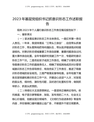 2023年基层党组织书记抓意识形态工作述职报告