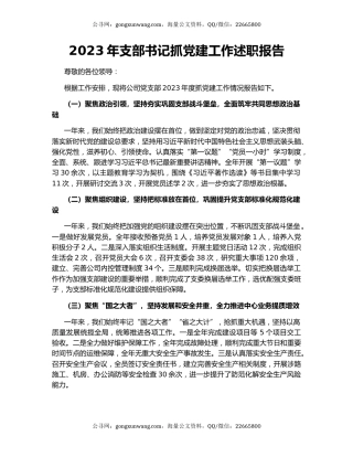 2023年支部书记抓党建工作述职报告