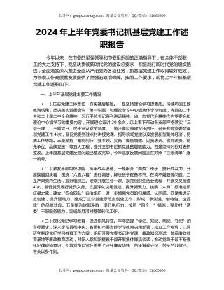 2024年上半年党委书记抓基层党建工作述职报告