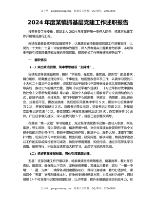 2024年度某镇抓基层党建工作述职报告