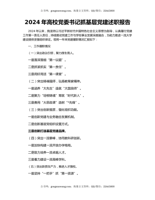 2024年高校党委书记抓基层党建述职报告