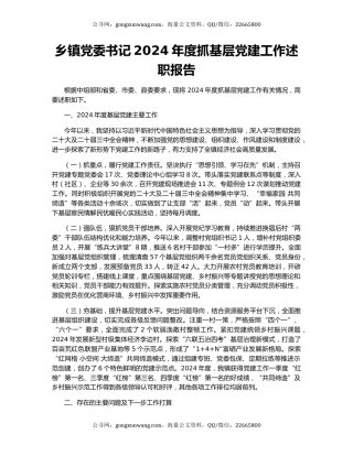 乡镇党委书记2024年度抓基层党建工作述职报告