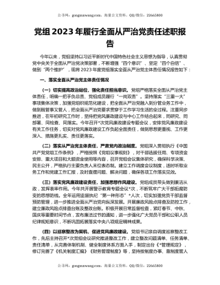 党组2023年履行全面从严治党责任述职报告