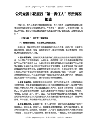 公司党委书记履行“第一责任人”职责情况报告