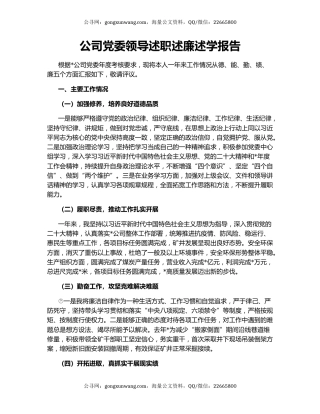 公司党委领导述职述廉述学报告