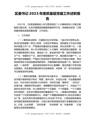 区委书记2023年度抓基层党建工作述职报告