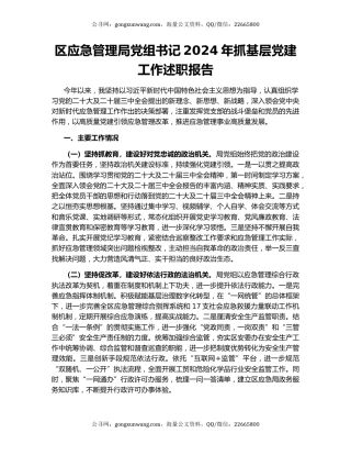 区应急管理局党组书记2024年抓基层党建工作述职报告