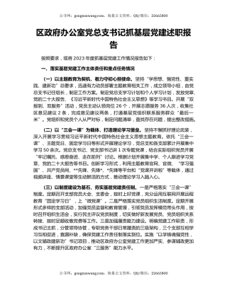 区政府办公室党总支书记抓基层党建述职报告