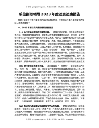 单位副职领导2023年度述责述廉报告