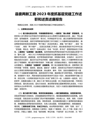 县委两新工委2023年度抓基层党建工作述职和述责述廉报告