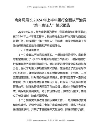商务局局长2024年上半年履行全面从严治党“第一责任人”情况报告