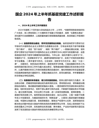 国企2024年上半年抓基层党建工作述职报告