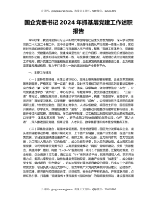国企党委书记2024年抓基层党建工作述职报告