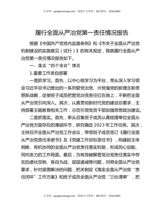履行全面从严治党第一责任情况报告