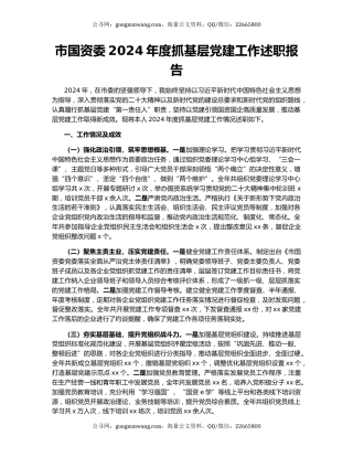 市国资委2024年度抓基层党建工作述职报告