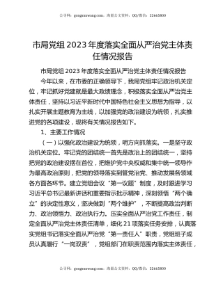 市局党组2023年度落实全面从严治党主体责任情况报告