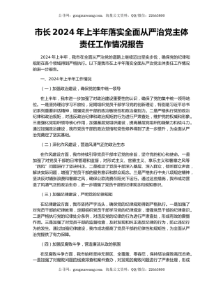 市长2024年上半年落实全面从严治党主体责任工作情况报告