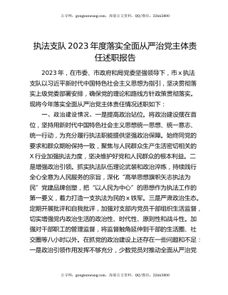 执法支队2023年度落实全面从严治党主体责任述职报告