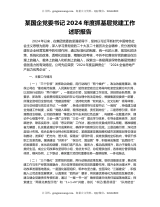 某国企党委书记2024年度抓基层党建工作述职报告