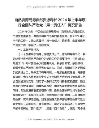 自然资源局局自然资源局长2024年上半年履行全面从严治党“第一责任人”情况报告