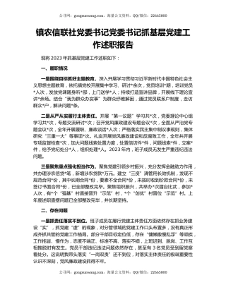 镇农信联社党委书记党委书记抓基层党建工作述职报告