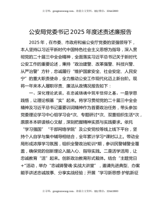 公安局党委书记2025年度述责述廉报告