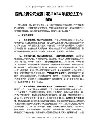国有投资公司党委书记2024年度述法工作报告