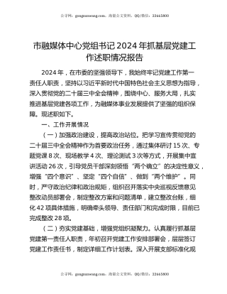 市融媒体中心党组书记2024年抓基层党建工作述职情况报告