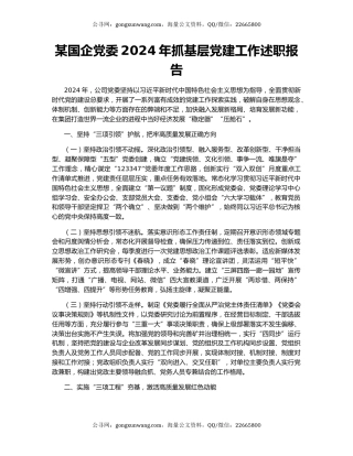 某国企党委2024年抓基层党建工作述职报告