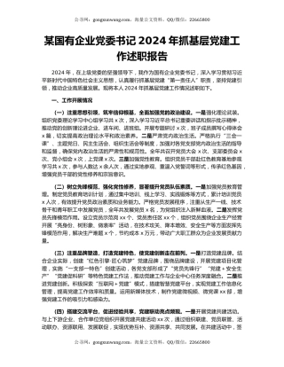 某国有企业党委书记2024年抓基层党建工作述职报告