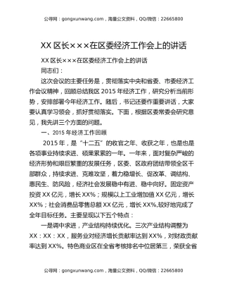 XX区长×××在区委经济工作会上的讲话