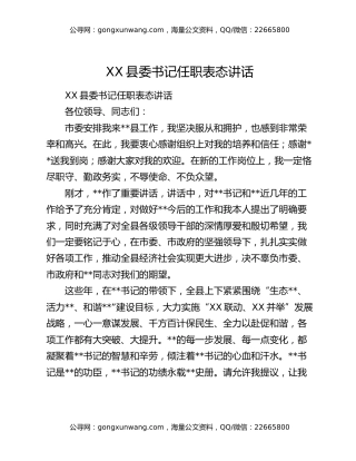 XX县委书记任职表态讲话