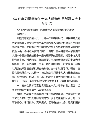 XX在学习贯彻党的十九大精神动员部署大会上的讲话