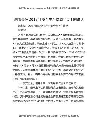 副市长在2017年安全生产协调会议上的讲话