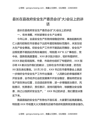 县长在县政府安全生产委员会(扩大)会议上的讲话