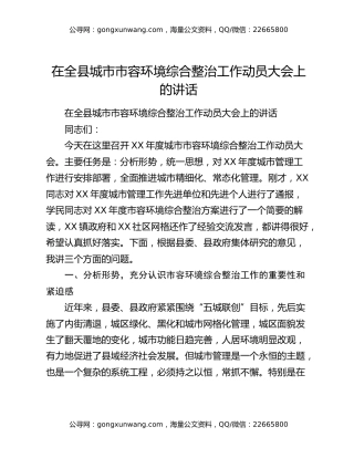 在全县城市市容环境综合整治工作动员大会上的讲话