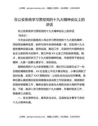 在公安系统学习贯彻党的十九大精神会议上的讲话
