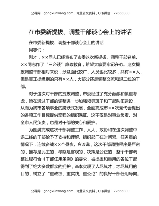 在市委新提拔、调整干部谈心会上的讲话
