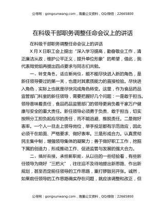 在科级干部职务调整任命会议上的讲话