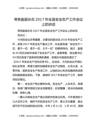 常务副县长在2017年全县安全生产工作会议上的讲话