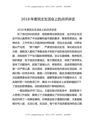 2018年度民主生活会上的点评讲话
